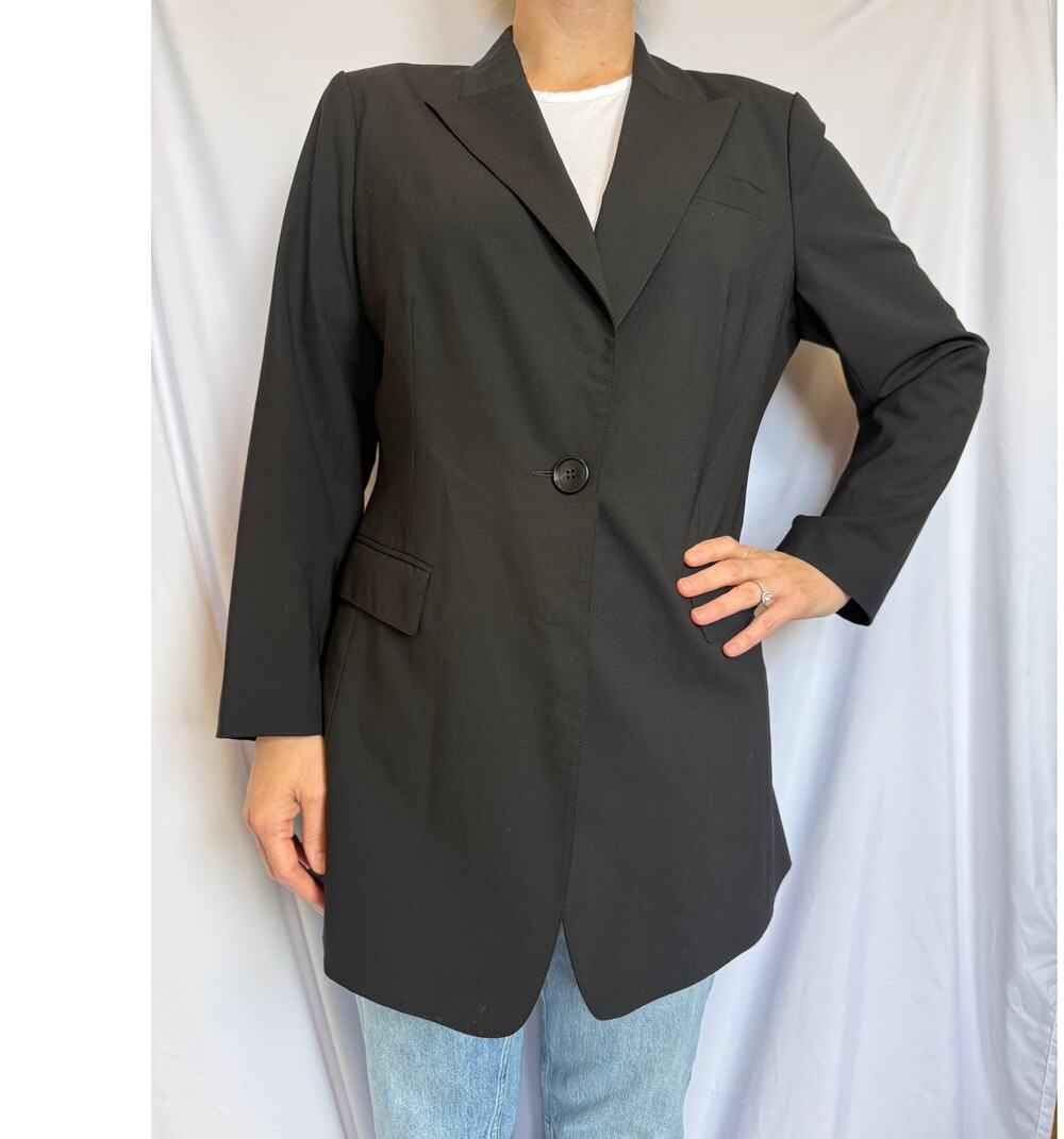 Lafayette 148 Plus Long Blazer, Black Single Button Wool Crepe, 14